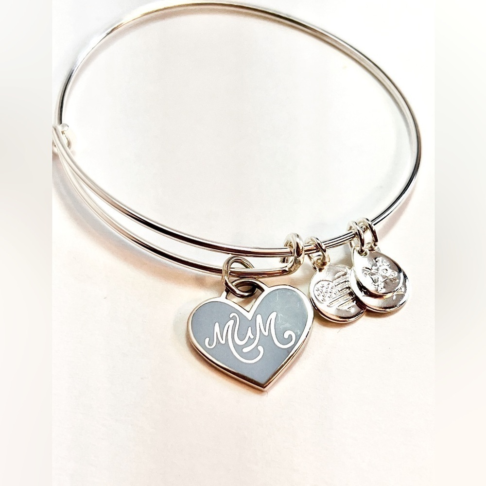 Alex and Ani “Mum” Expandable Charm Bracelet, Blue Heart, Shiny Silver Finish.